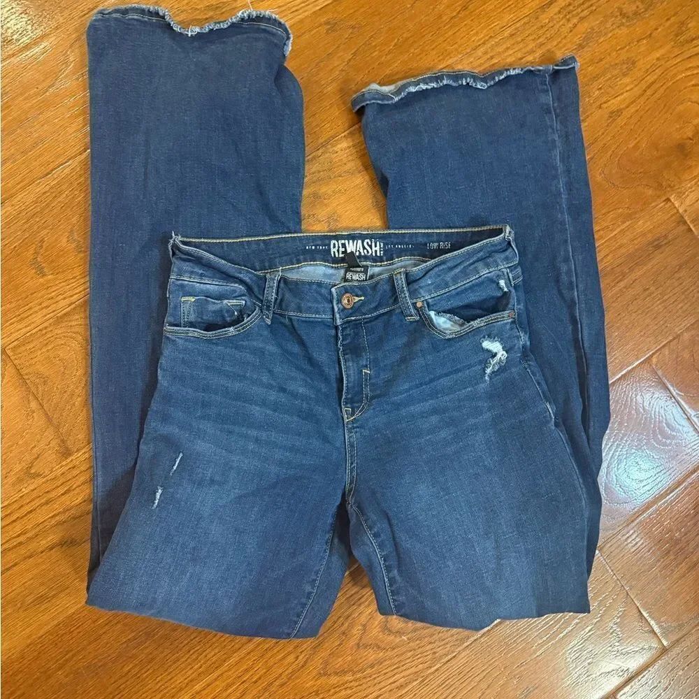 REWASH Dark Blue Distressed Flare Jeans with Frayed Hem size 7/28